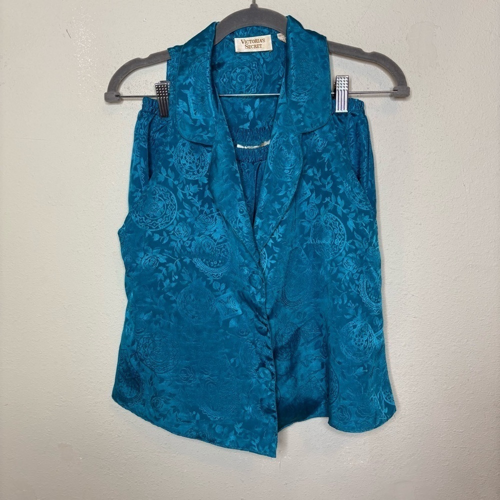 Vintage Gold Label Victoria's Secret Teal Sleeveless Button Down Top and Bottom